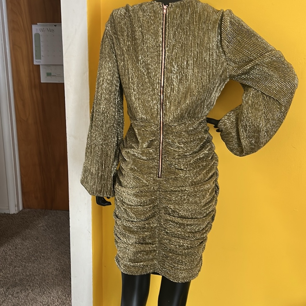 Fashion Nova Gold Shimmer Dress balloon sleeves - Picture 3 of 9